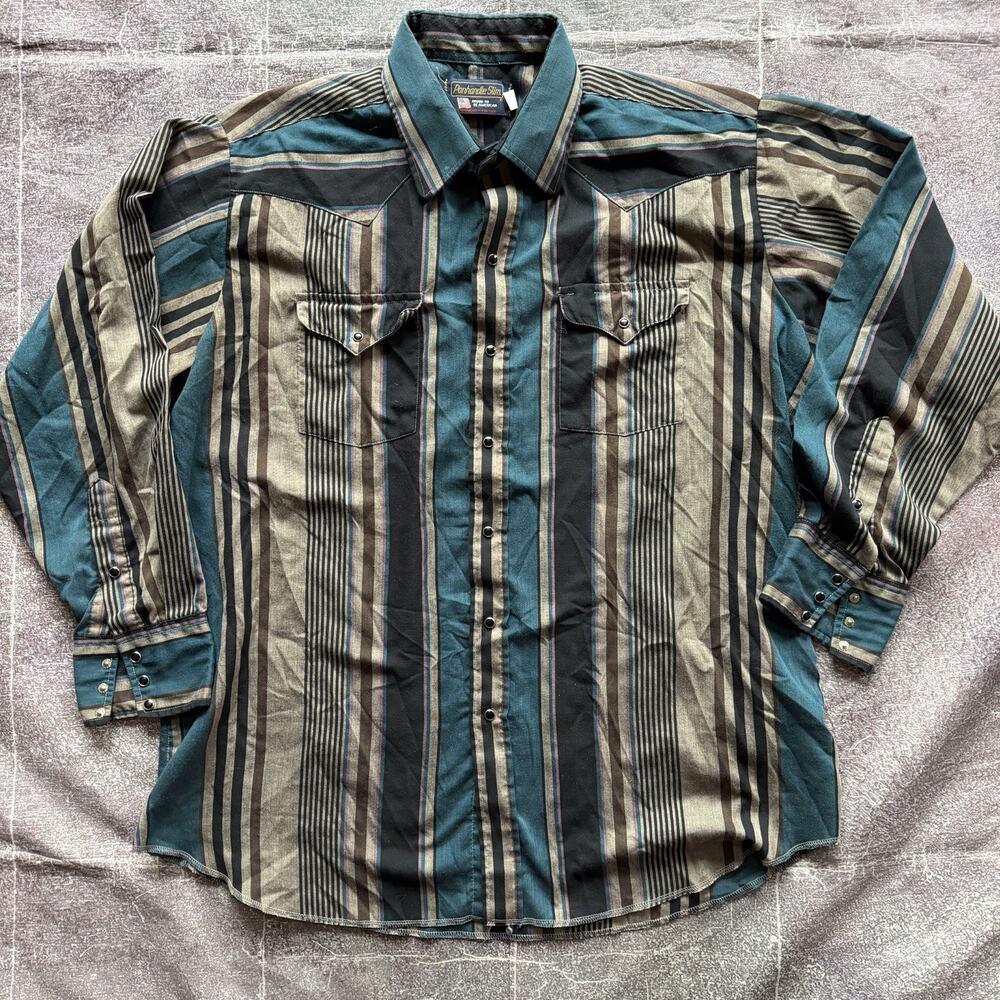 Men's Vintage 90s Panhandle Slim Western Teal Brown Pearl Snap Long Sleeve Sz XL